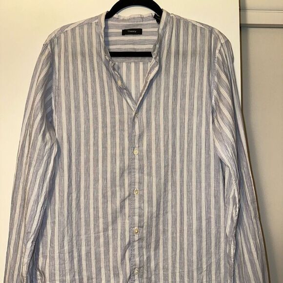 Theory Womens Blue White Linen Blend Button Down Shirt Large EUC - Picture 3 of 12